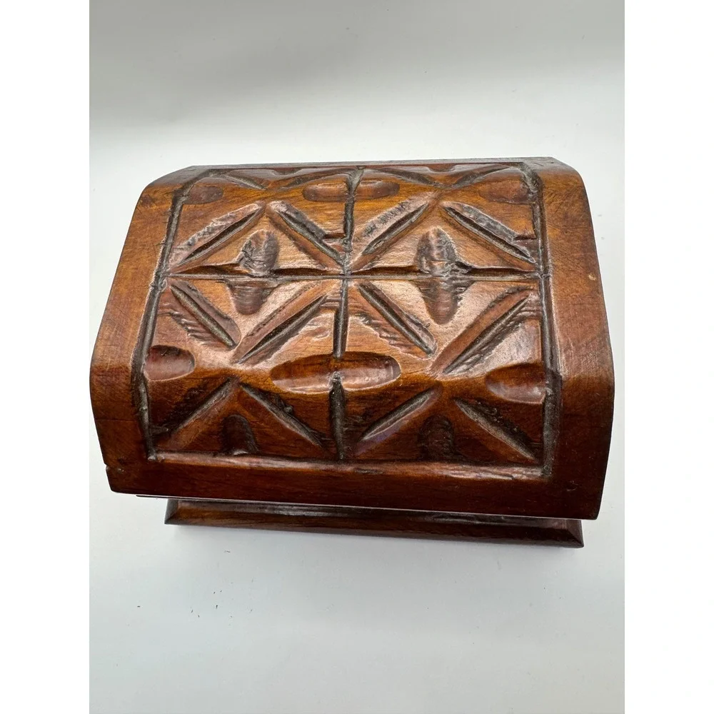 Hand Carved Wooden Jewelry Box Domed Lid Geometric‎ Trinket Keepsake Chest Brown